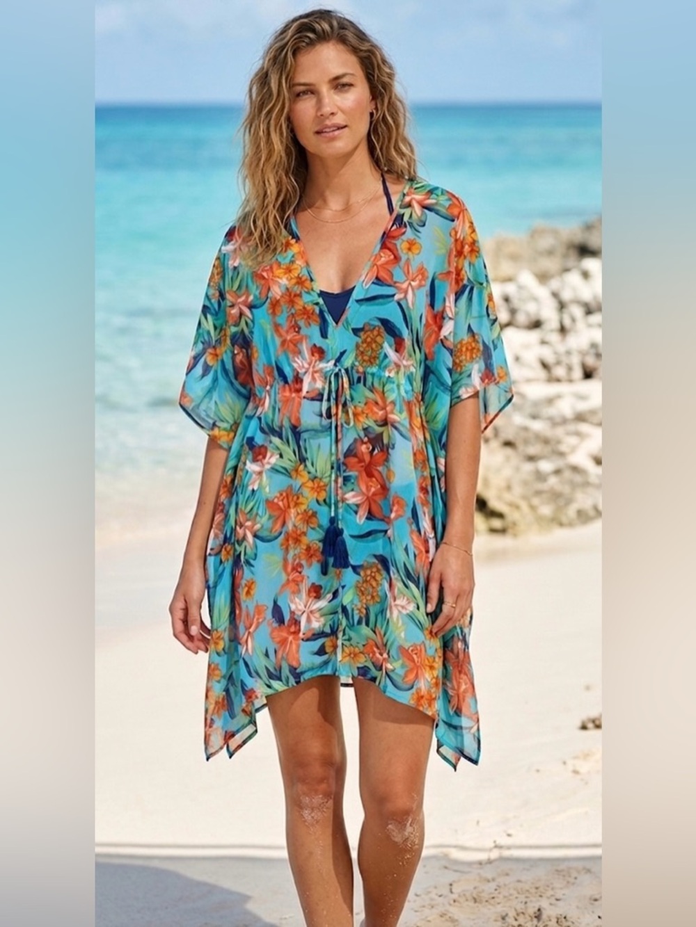 NWT Tommy Bahama‎ Tropical Floral Kaftan Coverup - S/M Blue Orchid Resortwear